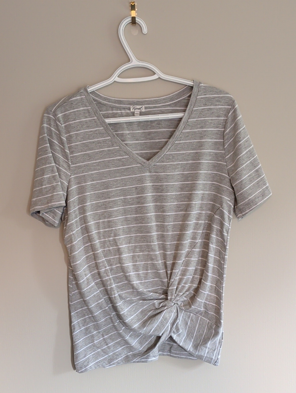 Kismet Gray Striped V-Neck Knot Front Tee